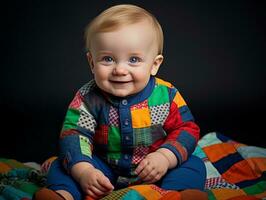 adorável bebê com vibrante roupas dentro uma brincalhão pose ai generativo foto