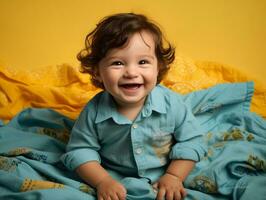 adorável bebê com vibrante roupas dentro uma brincalhão pose ai generativo foto