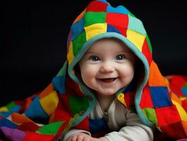 adorável bebê com vibrante roupas dentro uma brincalhão pose ai generativo foto