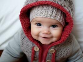 adorável bebê com vibrante roupas dentro uma brincalhão pose ai generativo foto