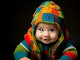 adorável bebê com vibrante roupas dentro uma brincalhão pose ai generativo foto