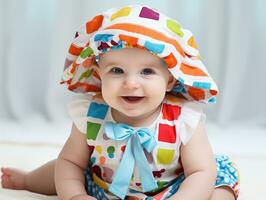 adorável bebê com vibrante roupas dentro uma brincalhão pose ai generativo foto