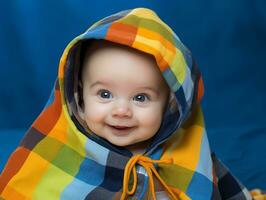 adorável bebê com vibrante roupas dentro uma brincalhão pose ai generativo foto