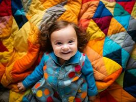 adorável bebê com vibrante roupas dentro uma brincalhão pose ai generativo foto