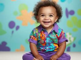 adorável bebê com vibrante roupas dentro uma brincalhão pose ai generativo foto