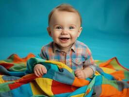 adorável bebê com vibrante roupas dentro uma brincalhão pose ai generativo foto