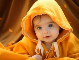 adorável bebê com vibrante roupas dentro uma brincalhão pose ai generativo foto