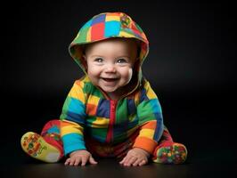 adorável bebê com vibrante roupas dentro uma brincalhão pose ai generativo foto