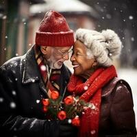 amoroso velho interracial casal é desfrutando uma romântico inverno dia ai generativo foto