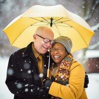 amoroso velho interracial casal é desfrutando uma romântico inverno dia ai generativo foto