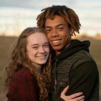 amoroso Adolescência interracial casal é desfrutando uma romântico outono dia ai generativo foto