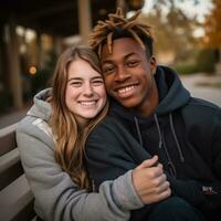 amoroso Adolescência interracial casal é desfrutando uma romântico outono dia ai generativo foto