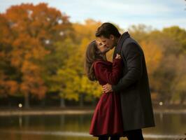 amoroso casal é desfrutando uma romântico outono dia ai generativo foto