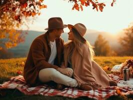 amoroso casal é desfrutando uma romântico outono dia ai generativo foto