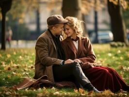 amoroso casal é desfrutando uma romântico outono dia ai generativo foto