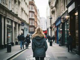 mulher goza uma vagaroso andar dentro a coração do a cidade ai generativo foto