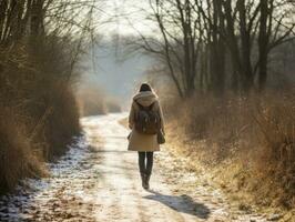 mulher goza uma vagaroso andar dentro a inverno dia ai generativo foto