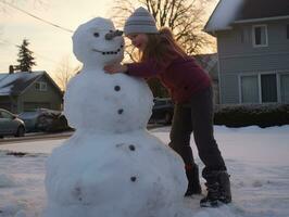 crianças construção uma boneco de neve dentro inverno dia ai generativo foto