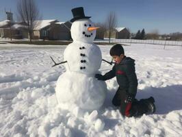 crianças construção uma boneco de neve dentro inverno dia ai generativo foto