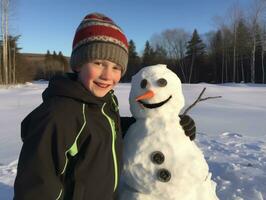 crianças construção uma boneco de neve dentro inverno dia ai generativo foto