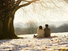 amoroso ásia casal é desfrutando uma romântico inverno dia ai generativo foto