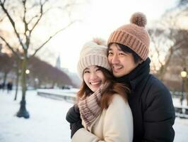 amoroso ásia casal é desfrutando uma romântico inverno dia ai generativo foto