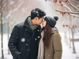 amoroso ásia casal é desfrutando uma romântico inverno dia ai generativo foto