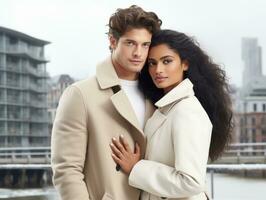 amoroso interracial casal é desfrutando uma romântico inverno dia ai generativo foto