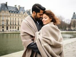 amoroso interracial casal é desfrutando uma romântico inverno dia ai generativo foto