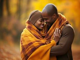 amoroso africano americano casal é desfrutando uma romântico outono dia ai generativo foto
