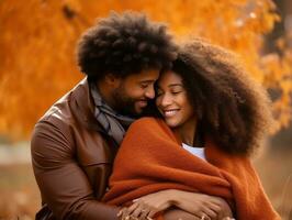 amoroso africano americano casal é desfrutando uma romântico outono dia ai generativo foto