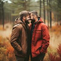 amoroso homossexual casal é desfrutando uma romântico outono dia ai generativo foto