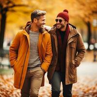 amoroso homossexual casal é desfrutando uma romântico outono dia ai generativo foto