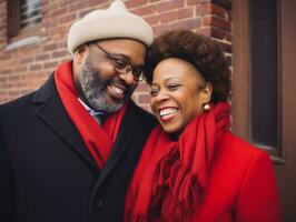 amoroso velho africano americano casal é desfrutando uma romântico inverno dia ai generativo foto