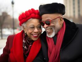 amoroso velho africano americano casal é desfrutando uma romântico inverno dia ai generativo foto