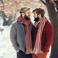 amoroso homossexual casal é desfrutando uma romântico inverno dia ai generativo foto