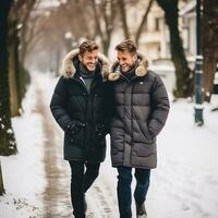 amoroso homossexual casal é desfrutando uma romântico inverno dia ai generativo foto