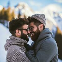 amoroso homossexual casal é desfrutando uma romântico inverno dia ai generativo foto