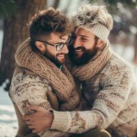 amoroso homossexual casal é desfrutando uma romântico inverno dia ai generativo foto