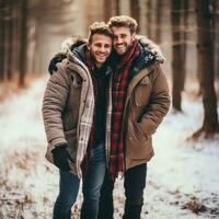 amoroso homossexual casal é desfrutando uma romântico inverno dia ai generativo foto