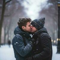 amoroso homossexual casal é desfrutando uma romântico inverno dia ai generativo foto