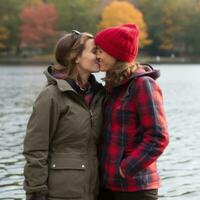 amoroso homossexual mulher casal é desfrutando uma romântico outono dia ai generativo foto