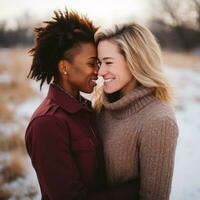 amoroso homossexual mulher casal é desfrutando uma romântico inverno dia ai generativo foto