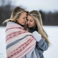 amoroso homossexual mulher casal é desfrutando uma romântico inverno dia ai generativo foto