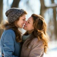 amoroso homossexual mulher casal é desfrutando uma romântico inverno dia ai generativo foto