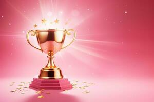 generativo ai, vencedora troféu com chamas, Rosa dourado campeão copo com queda confete em Rosa fundo foto