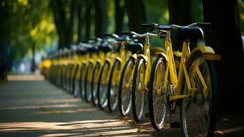 generativo ai, bicicleta partilha sistema, muitos amarelo cidade bicicletas estacionado. saudável ecologia urbano transporte. foto