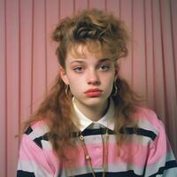 generativo ai, adolescente retrato dentro estilo anos 90 ou anos 80, retro moda, vintage cores foto