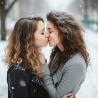 amoroso homossexual mulher casal é desfrutando uma romântico inverno dia ai generativo foto