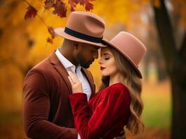 amoroso interracial casal é desfrutando uma romântico outono dia ai generativo foto